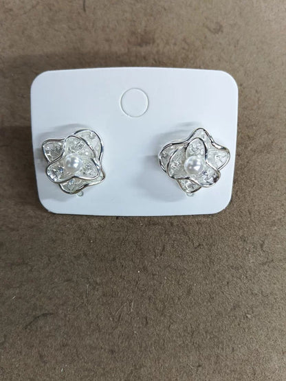 18k真金電鍍鋯石花朵珍珠耳環耳夾時尚氣質百搭設計感小眾耳飾女