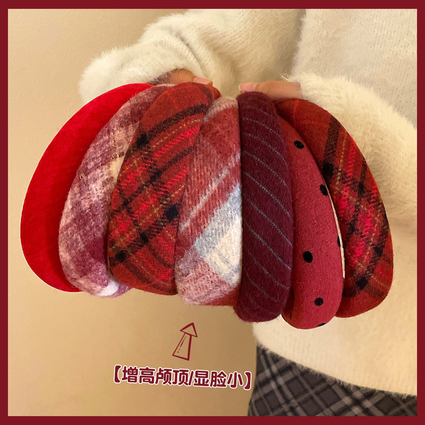 紅色復古髮箍－紅色格紋款細節｜https://igowo.tw/