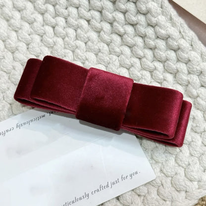 絨面蝴蝶結雙層髮夾－棕色絲絨香蕉夾款細節｜https://igowo.tw/