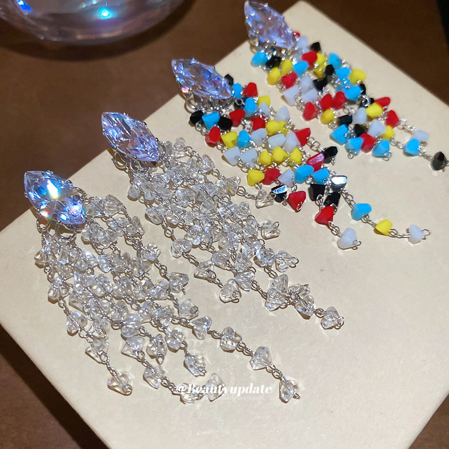 銀針鋯石菱形水晶流蘇耳環多巴胺小清新耳釘精致輕奢高級感耳飾女