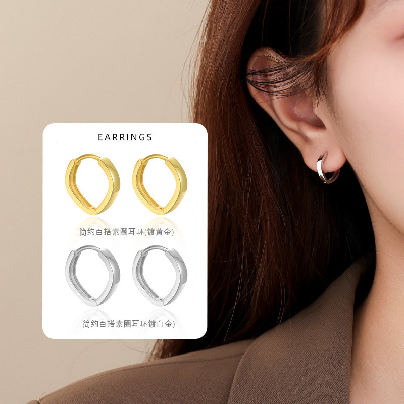 S925 方形素圈耳環女2025新款簡約時尚百搭高級感疊戴耳扣耳圈