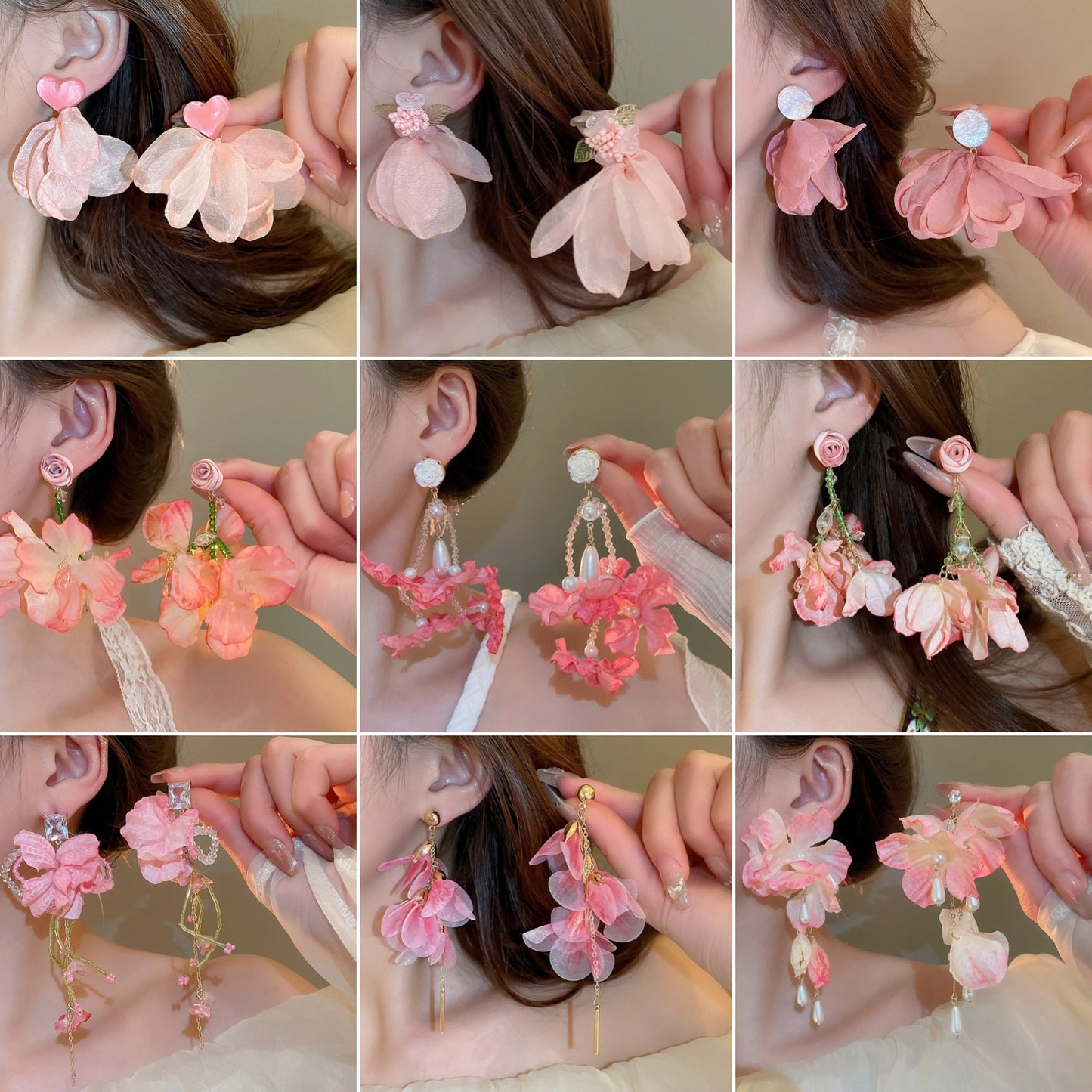 珍珠布面花朵流蘇耳釘－細節特寫1｜https://igowo.tw/