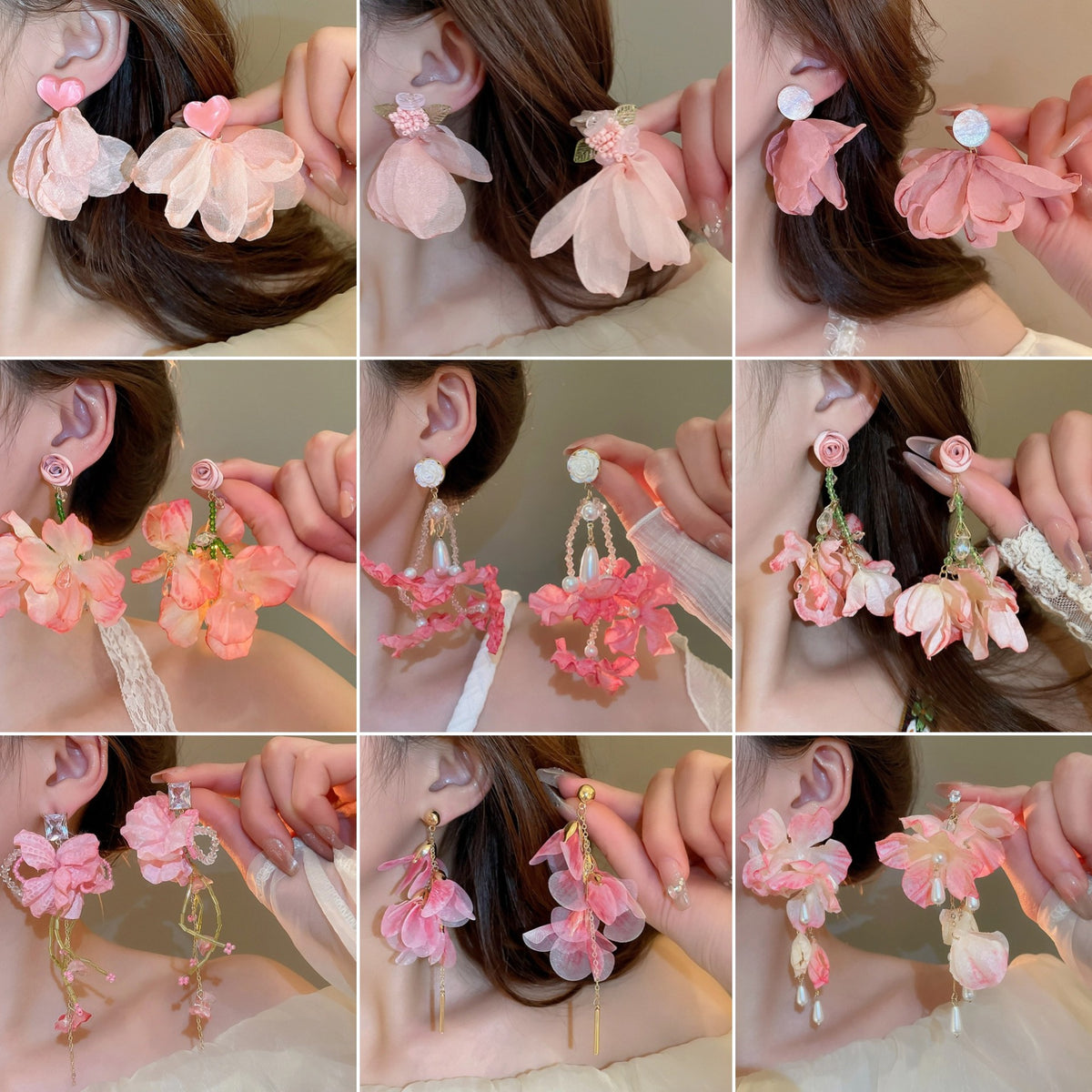 珍珠布面花朵流蘇耳釘－細節特寫1｜https://igowo.tw/