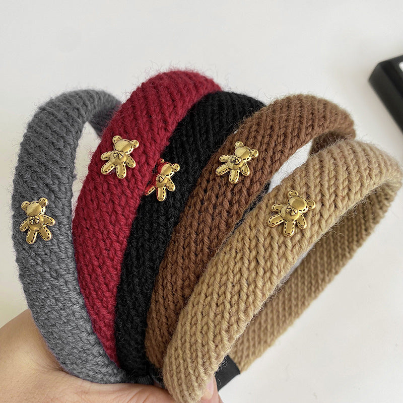 復古紅小熊編織髮箍－淺咖色款實拍｜https://igowo.tw/