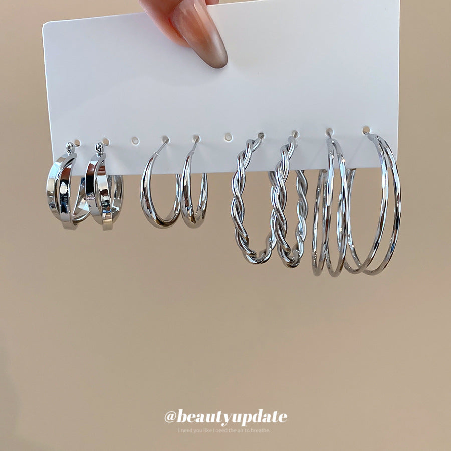 銀針圓形交叉扭曲耳圈套裝冷淡風簡約日常百搭耳環輕奢小眾耳飾女