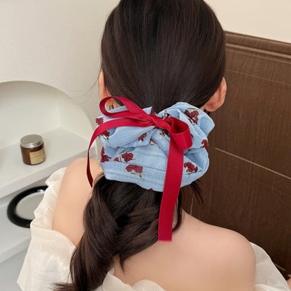 緞帶蝴蝶結大腸圈髮圈－藍色腸圈款實拍｜https://igowo.tw/
