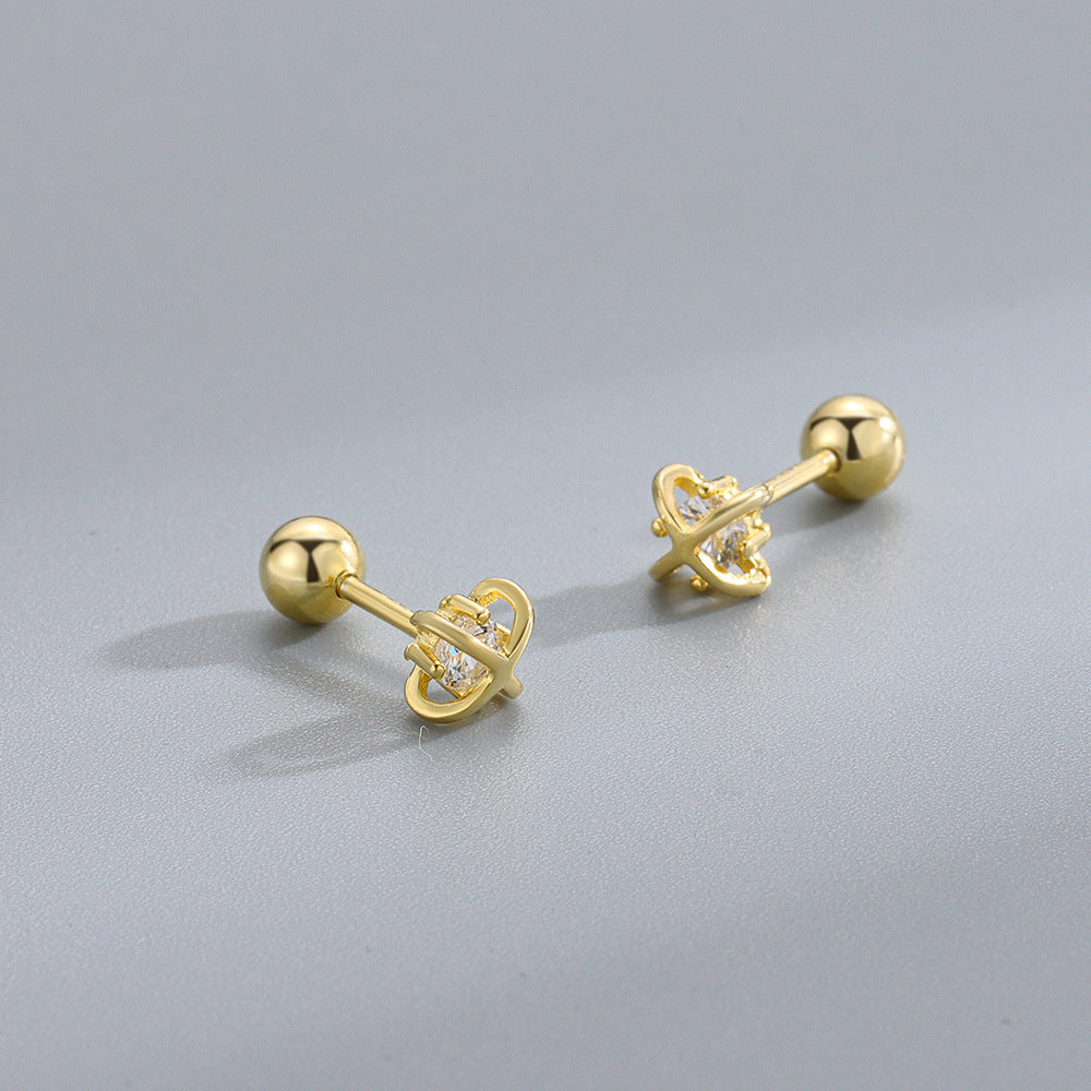 S925 鑲鑽十字星球螺絲針耳釘夏季高級感小眾養耳洞免摘耳飾品