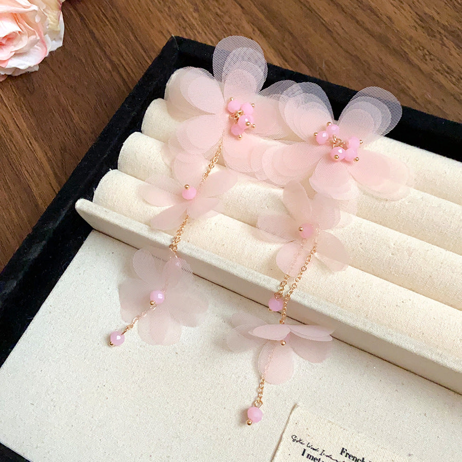 珍珠花朵流蘇簡約耳環－17#銀針-藍色款細節11｜https://igowo.tw/