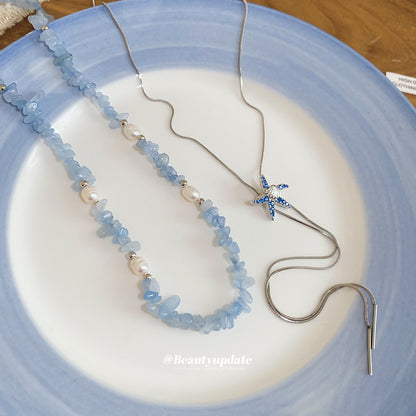 珍珠串珠海星項鍊－項鍊-藍色款實拍｜https://igowo.tw/