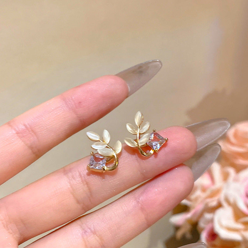 韓系高級感貓眼石樹葉耳環