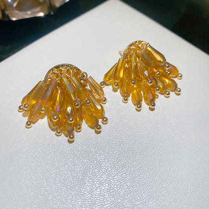水晶銀針幾何流蘇耳釘