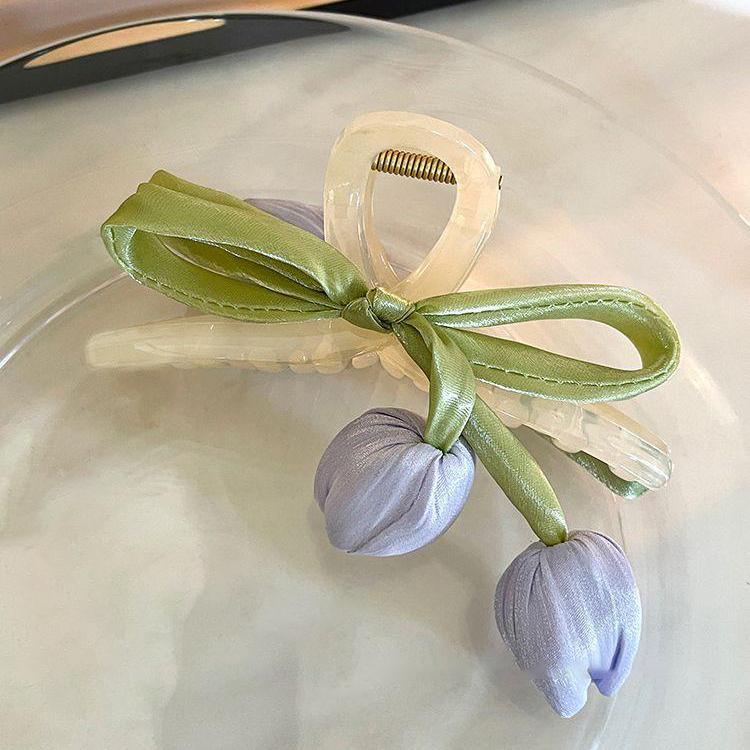 布藝網紗郁金香花朵發夾女高級感氣質盤發鯊魚夾時尚抓夾發飾批發