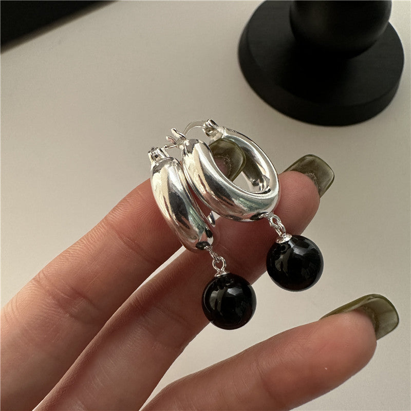 純銀925黑瑪瑙松果耳環法式復古光面圓形耳圈chic風時尚小眾耳飾