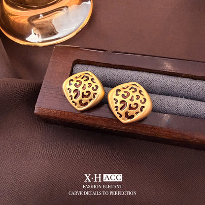 琺瑯豹紋菱形復古耳釘