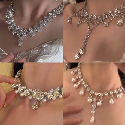 鑲鉆花朵水滴吊墜珍珠項鏈女小眾時尚設計鎖骨鏈百搭氣質輕奢飾品