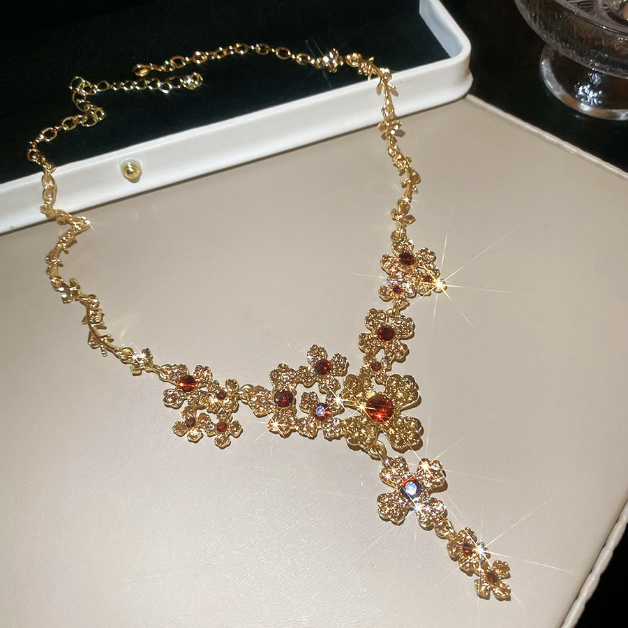 花朵鑲鑽項鍊耳環組