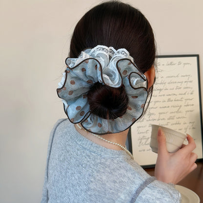蕾絲波點大腸圈髮圈－霧藍窄髮箍款細節｜https://igowo.tw/