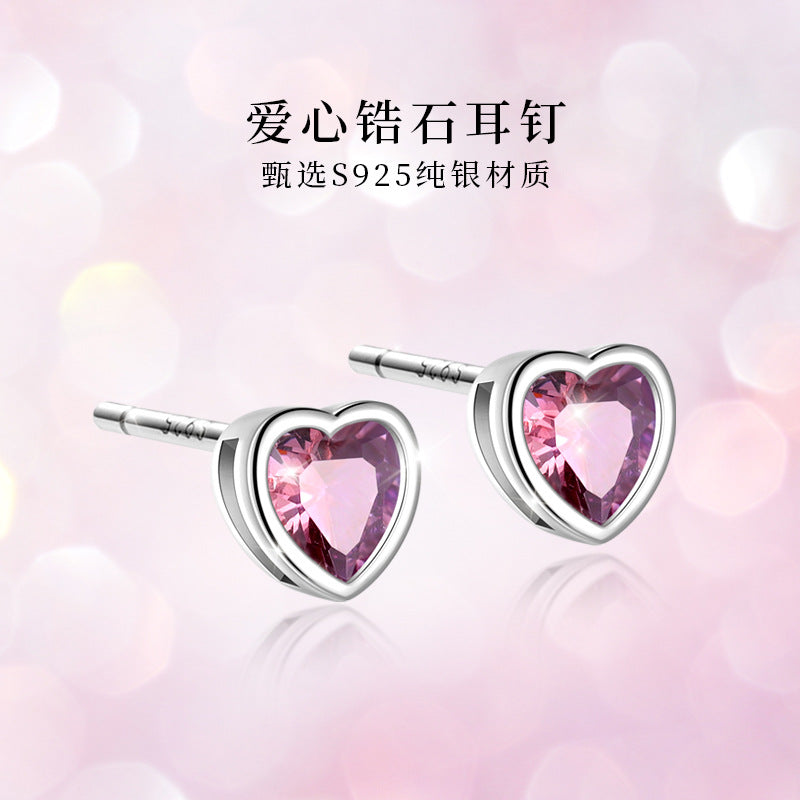 S925 包鑲心形鋯石耳釘糖果鑽日韓時尚個性鍍K金輕奢女款耳環