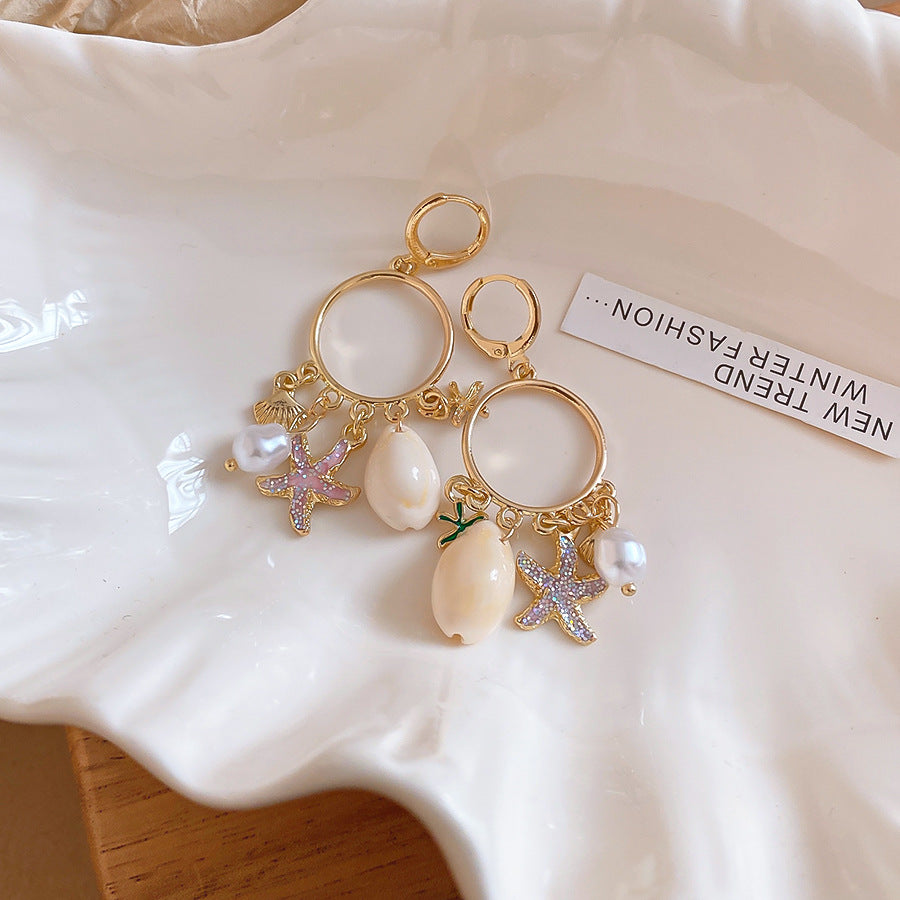 海邊拾貝~海星花朵珍珠貝殼耳釘設計感小眾度假耳環新款耳飾