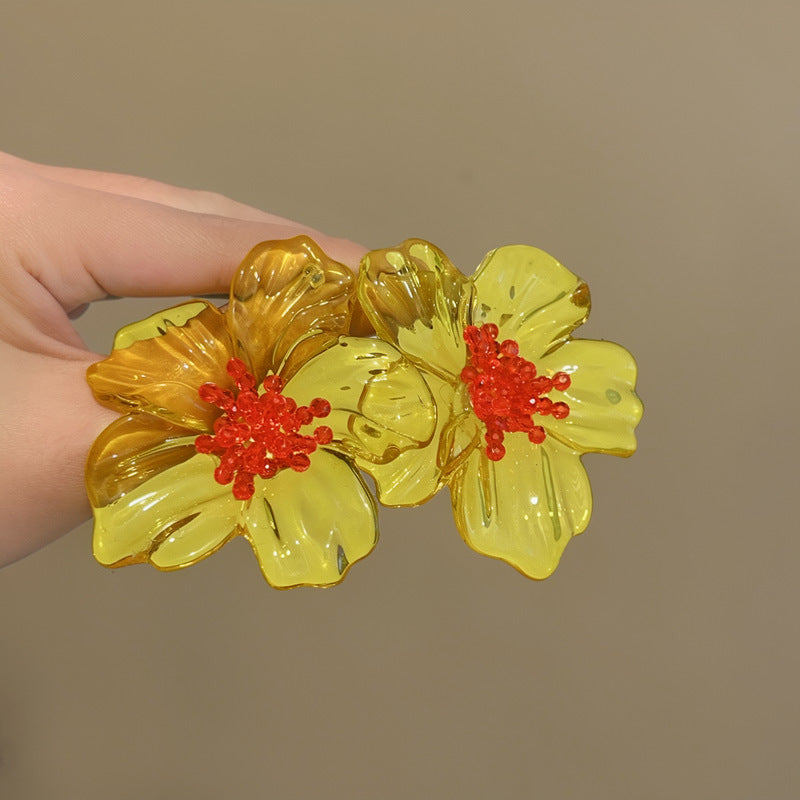 黃色壓克力花朵耳環－銀針-綠色款實拍｜https://igowo.tw/