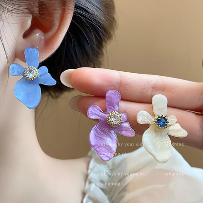 銀針超閃鋯石樹脂花朵耳釘小清新甜美百搭耳環輕奢高級感耳飾批發