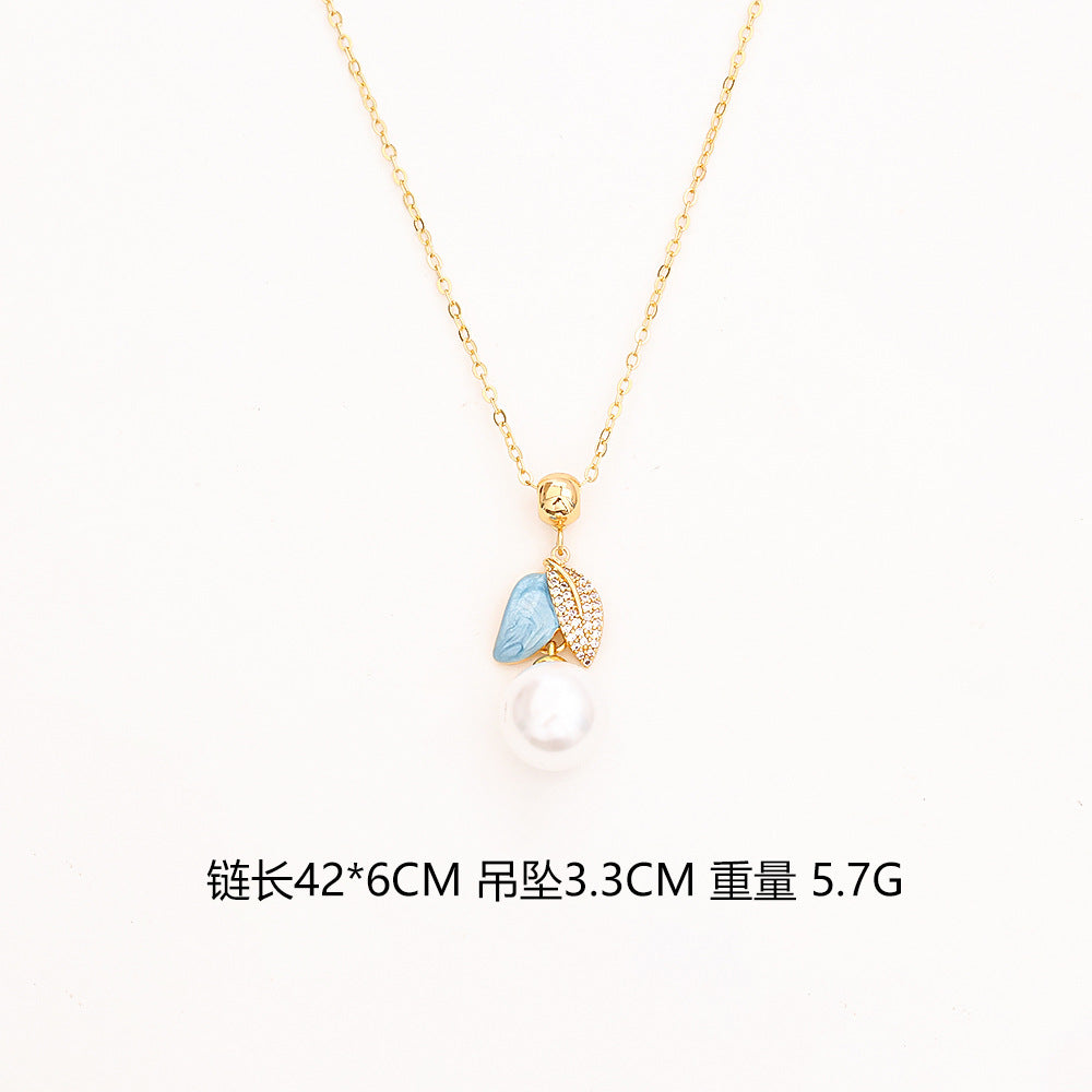 琺瑯珍珠樹葉墜飾項鍊－細節特寫2｜https://igowo.tw/
