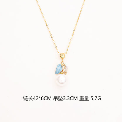 琺瑯珍珠樹葉墜飾項鍊－細節特寫2｜https://igowo.tw/