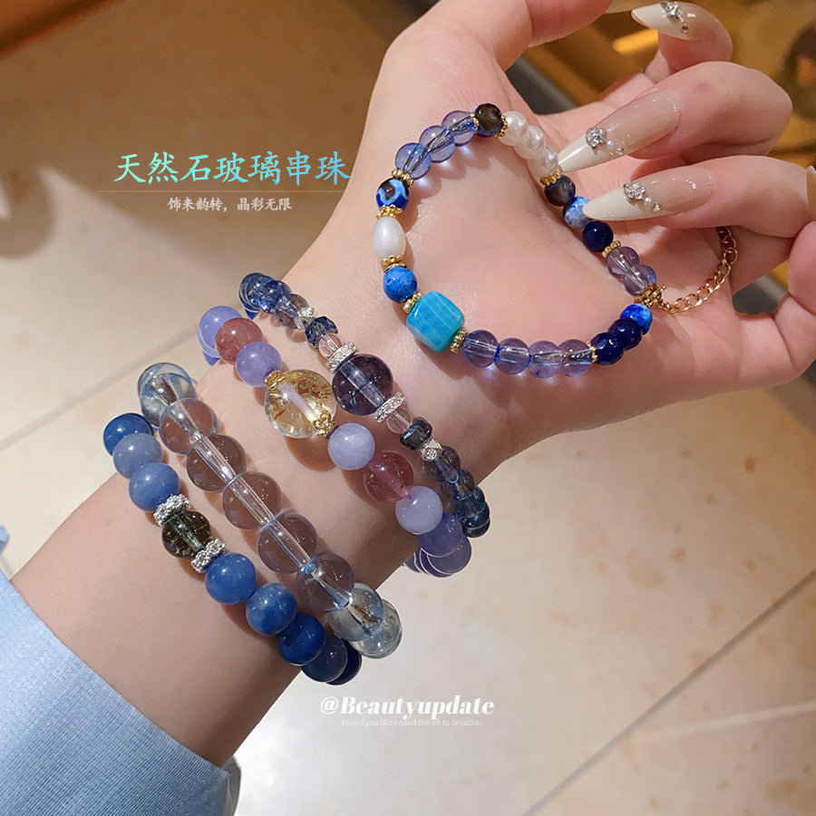 鋯石水晶蘭色石串珠彈力手鏈新中式小清新手串小眾設計感手環批發