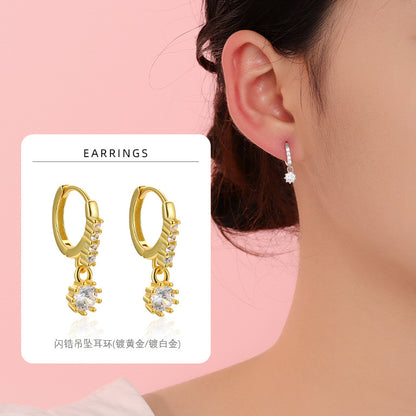 S925 微鑲鋯石掛墜耳環韓版簡約設計甜美氣質小巧耳圈耳扣