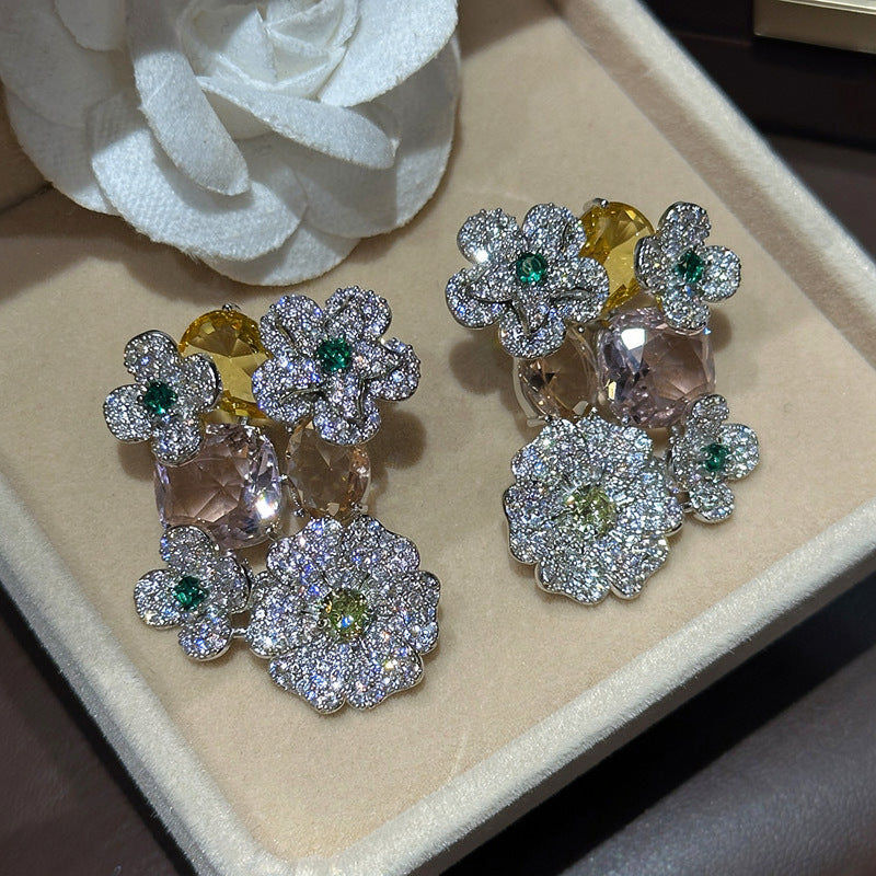 歐美爆款超閃鋯石花朵橢圓形耳釘小眾設計感耳環時尚潮流精致耳飾