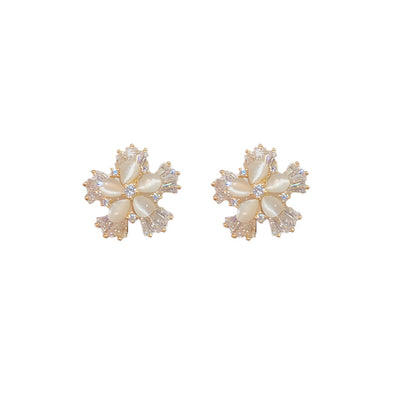 貓眼石鋯石花朵耳夾