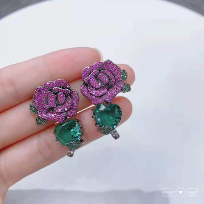S925彩色玫瑰樹葉耳環