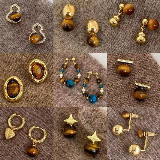 棕色虎眼石垂墜耳釘－商品主圖｜https://igowo.tw/
