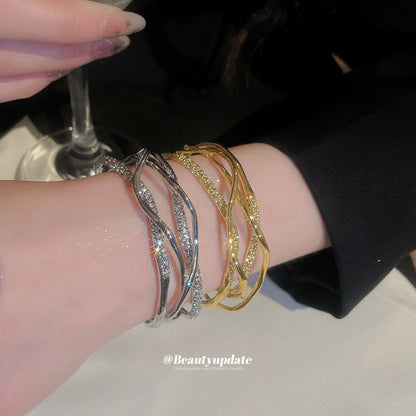 歐美風輕奢多層交叉鑲鉆開口手鐲高級感跨境手環小眾設計手飾批發