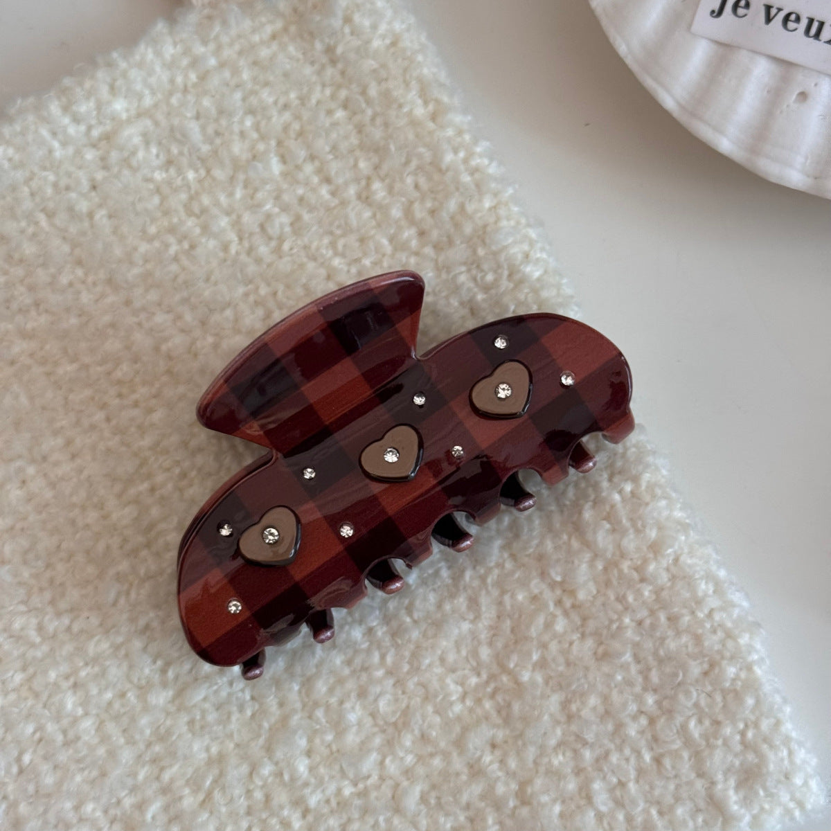 棕色愛心格紋復古髮夾