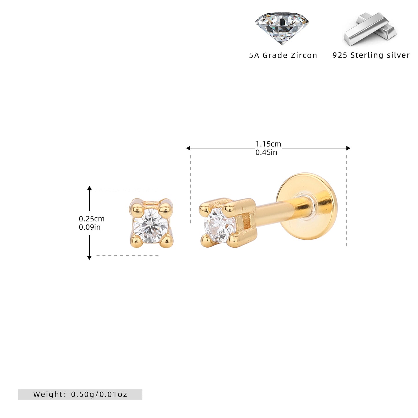 S925 耳釘簡約四爪鑲鋯平頭螺紋耳骨釘小眾百搭飾品
