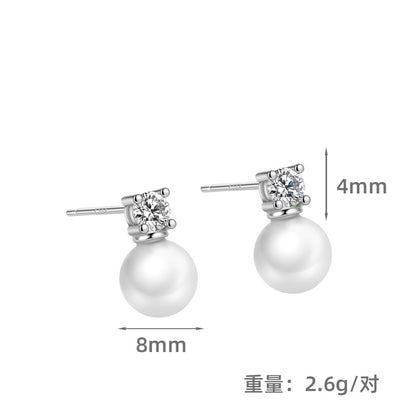 S925 王妃四爪鑲鑽項鏈耳釘套裝女時尚簡約合成珍珠高級感耳飾