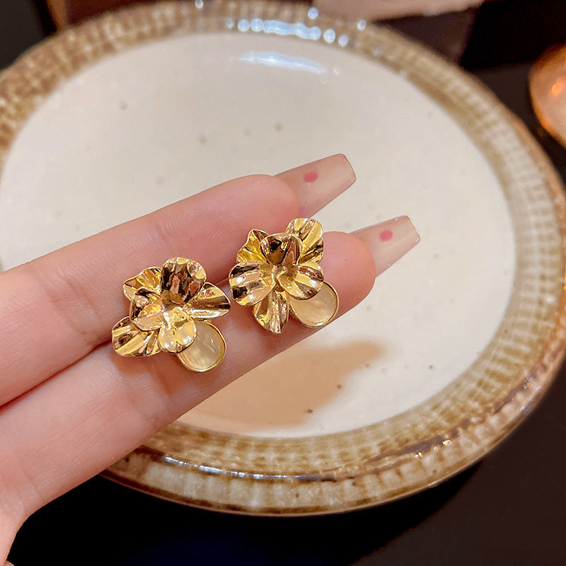 歐美金屬花朵貓眼石耳環女