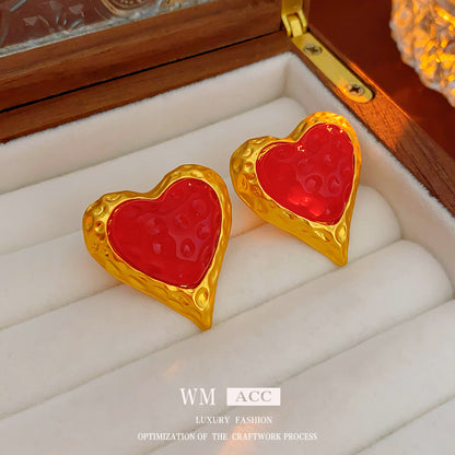 紅色銀針愛心復古耳環－細節特寫7｜https://igowo.tw/