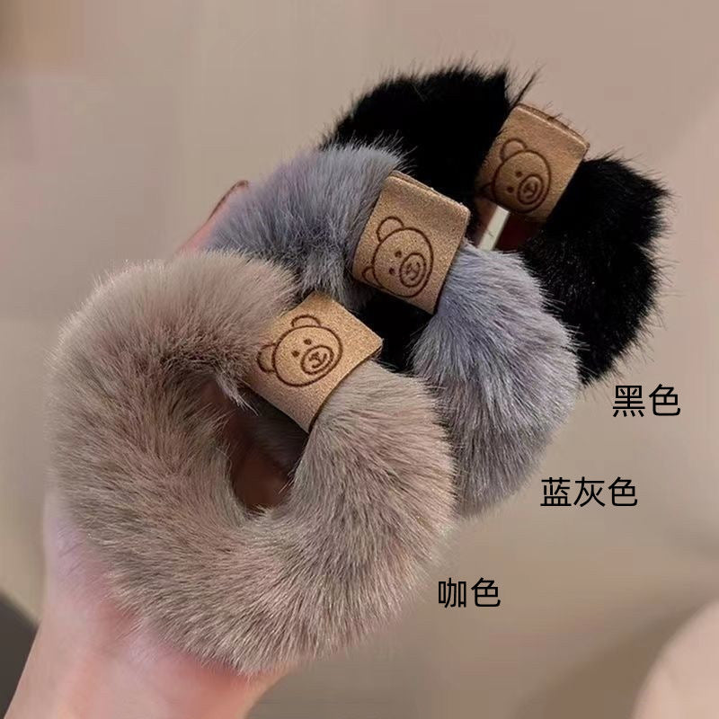 彈力繩絨面小熊髮圈－藍灰款細節1｜https://igowo.tw/