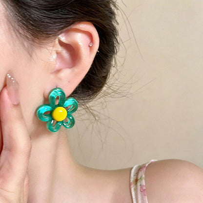 夏日多巴胺鏤空花朵耳釘小眾設計感甜美可愛耳環日常通勤百搭耳飾