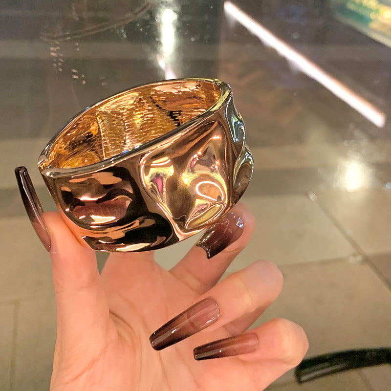 不規則褶皺金屬圓形開口手鐲歐美小眾高級感手環輕奢個性百搭手飾