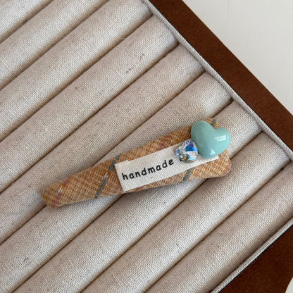 蕾絲布面格紋愛心髮圈