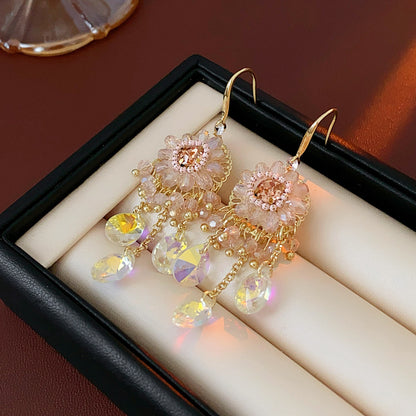 鋯石水滴花朵流蘇耳墜