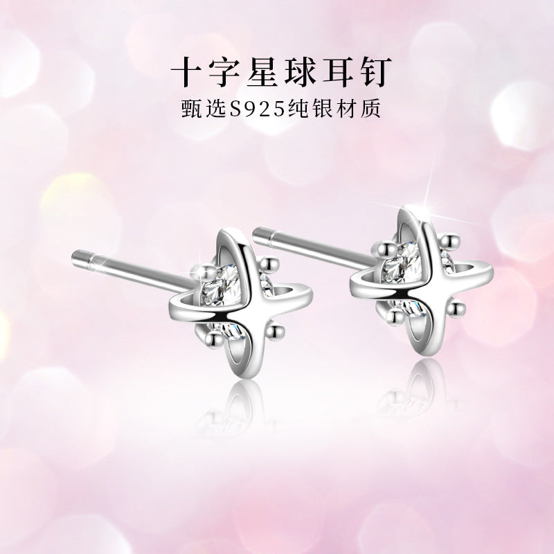 S925 鑲鑽十字星球土星耳釘日韓時尚氣質鍍K金輕奢女款小耳環
