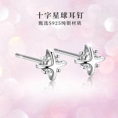 S925 鑲鑽十字星球土星耳釘日韓時尚氣質鍍K金輕奢女款小耳環