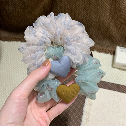 網紗愛心碎花髮圈－灰藍愛心款實拍｜https://igowo.tw/