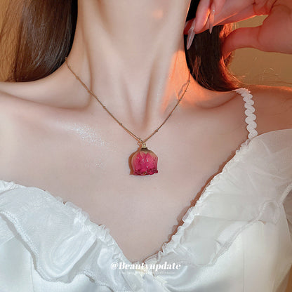 不銹鋼干枯玫瑰真花耳釘項鏈套裝公主風鎖骨鏈氣質優雅飾品批發女