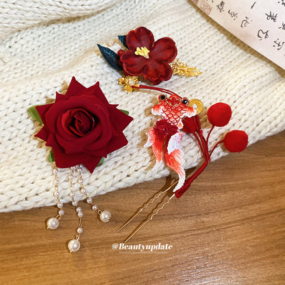 中國風新年珍珠花朵流蘇發夾高級感后腦勺鴨嘴夾時尚百搭發飾批發