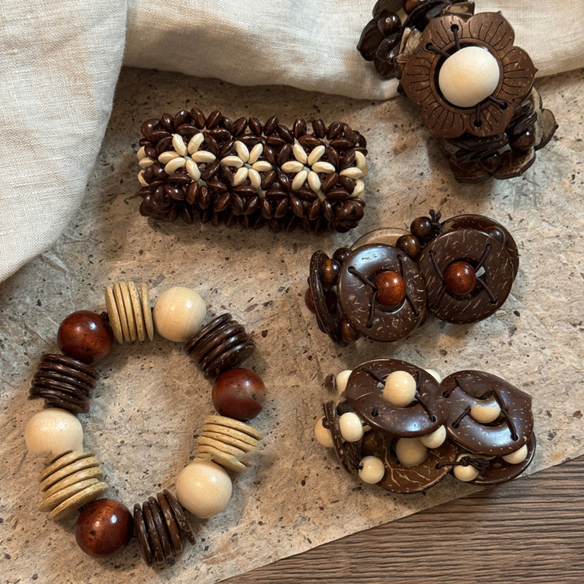 美拉德椰子殼木珠串珠圓形彈力手鏈波西米亞手環小眾設計感手飾女